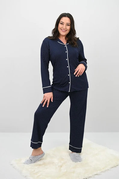 Kadın Büyük Beden Uzun Kollu Önden Düğmeli Pijama Takımı 4234-25 ürün görseli 1