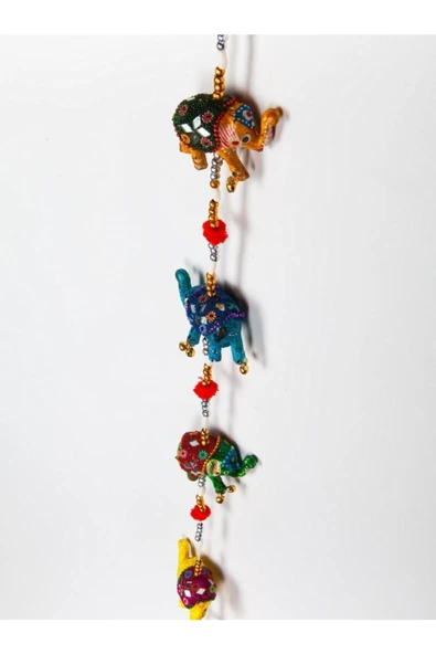 Otantik Fil Figürlü Nazar Bolluk Bereket Süsü 7 Li Aynalı Metal Renkli Sarkıç Kapı Duvar Süsü 120 cm ürün görseli 1