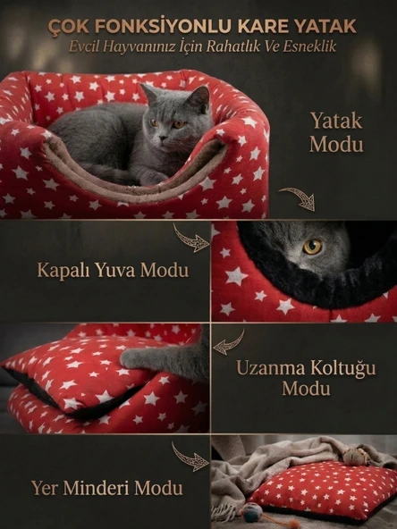 Üç Fonksiyonlu Kedi Köpek Kapalı Kare Sünger Yatak - Kırmızı ürün görseli 1