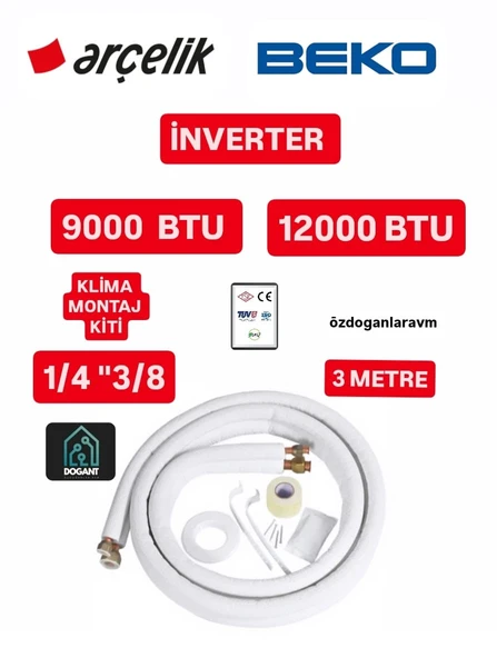 İNVERTER  9000 ve 12000 Btu Klima Montaj Seti Kiti 1/4 - 3/8 3 Metre ürün görseli 1