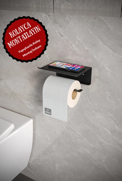 Metal Modern Banyo Tuvalet Wc Kağıtlık Peçetelik, Tuvalet Kağıdı Askısı, Raflı Telefonluk Siyah ürün görseli 1