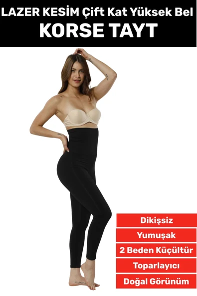 Doğal Görünüm Çift Kat Bel 2 Beden İncelten Vücut Toparlayıcı LAZER KESİM Yüksek Bel Korse Tayt ürün görseli 1