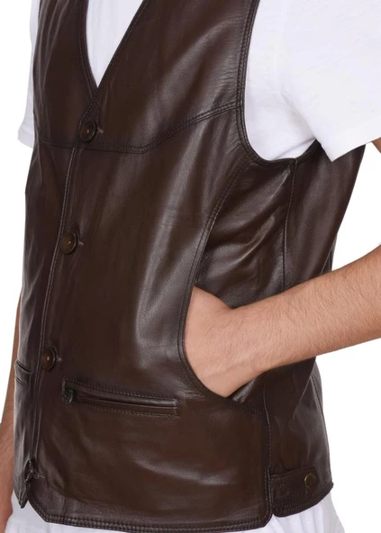 Klasik Ve Spor Model Fındık Renk Deri Yelek ürün görseli 1