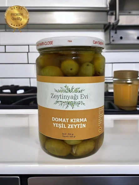 Yöresel Doğal Tatlandırma El Kırması Domat Sofralık Yeşil Zeytin İri Kalibre Cam Kavanoz 900 gram ürün görseli 1