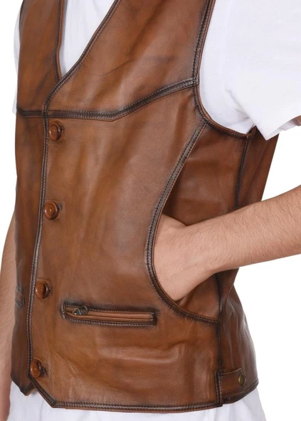Taba Renk Klasik Ve Spor Model Deri Yelek ürün görseli 1