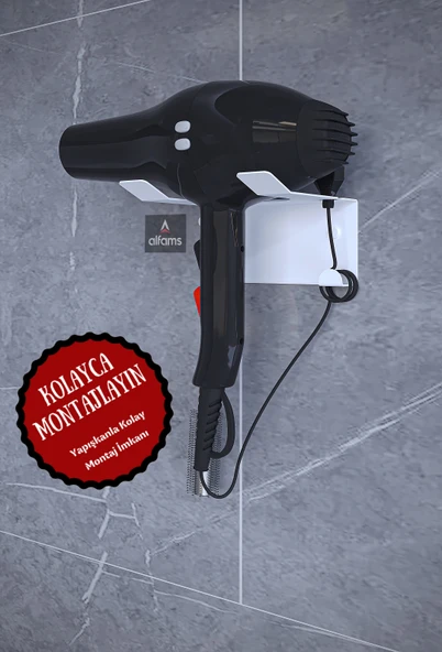 Beyaz Saç Kurutma Makinesi Tutacağı, Banyo Lavabo Fön Makinesi Askısı Ultra Güçlü Yapışkanlı Beyaz ürün görseli 1