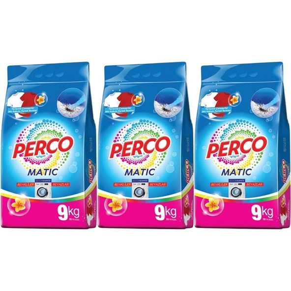 Perco Matik Toz Çamaşır Deterjanı 27KG Beyazlar ve Renkliler Tüm Çamaşırlar (216 Yıkama) (3PK*9KG) ürün görseli 1