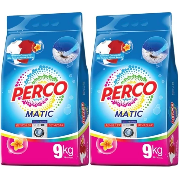 Perco Matik Toz Çamaşır Deterjanı 18KG Beyazlar ve Renkliler Tüm Çamaşırlar (144 Yıkama) (2PK*9KG) ürün görseli 1