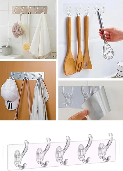 Brokoli Home 5'li Kendinden Yapışkanlı Güçlü Şeffaf Askılık - Kapı Arkası Mutfak Duvar Banyo Askı ürün görseli 1