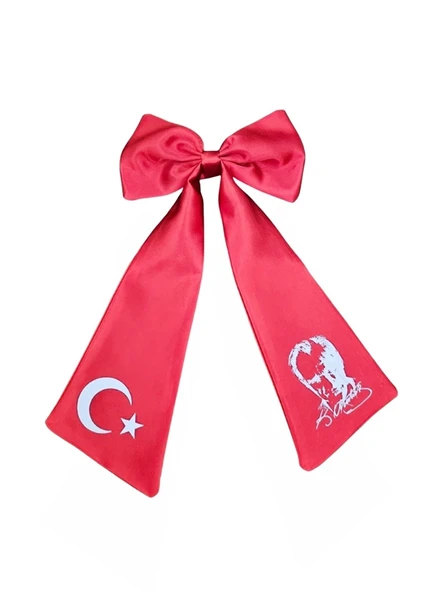 Ay Yıldız Atatürk Baskılı Fiyonklu Kırmızı Saç Tokası ürün görseli 1