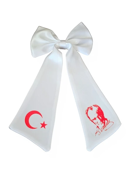 Ay Yıldız Atatürk Baskılı Fiyonklu Beyaz Saç Tokası ürün görseli 1