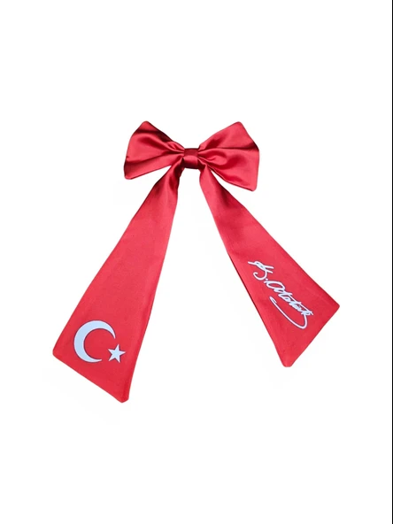 Ay Yıldız Atatürk İmzalı Fiyonklu Kırmızı Saç Tokası ürün görseli 1