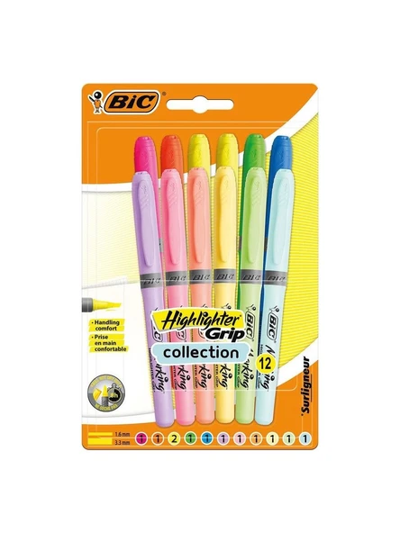 Bic Highlighter Grip 12 Renk Fosforlu Kalem Set Pastel + Canlı Renkler ürün görseli 1
