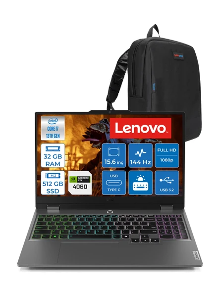 Lenovo Loq 15IRX9 Intel Core I7 13650HX 32GB Ddr5 512GB SSD RTX4060 8gb 115W 15.6" Fullhd 144HZ 300NITS IPS Freedos Taşınabilir Bilgisayar 83DV011HTRF09 + Zetta Çanta ürün görseli 1