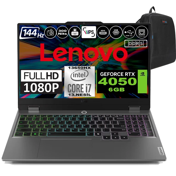 Lenovo Loq 15IRX9 Intel Core I7 13650HX Ddr5 96GB 4tb SSD Rtx 4050 6gb 300NITS 15.6" 144Hz Fhd Freedos Taşınabilir Bilgisayar 83DV0117TRF16 + Zetta Çanta ürün görseli 1