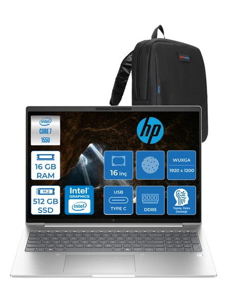Hp Elitebook 660 G11 Intel Core Ultra 7 155U 16GB Ddr5 512GB SSD 16" Wuxga 300NITS IPS Freedos Taşınabilir Bilgisayar 9C004EAF01 + Zetta Çanta ürün görseli 1