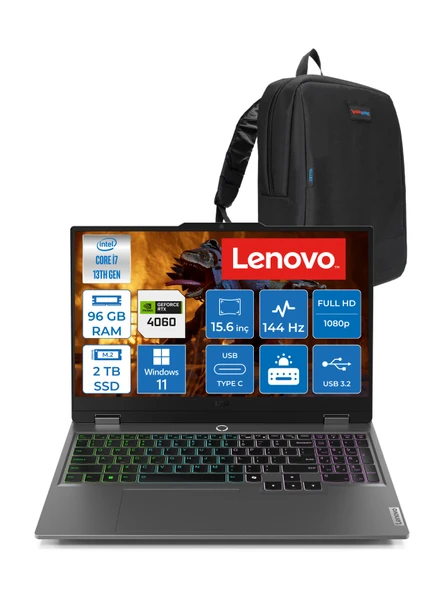 Lenovo Loq 15IRX9 Intel Core I7 13650HX 96GB Ddr5 2tb SSD RTX4060 8gb 115W 15.6" Fullhd 144HZ 300NITS IPS Windows 11 Pro Taşınabilir Bilgisayar 83DV011HTRP27 + Zetta Çanta ürün görseli 1