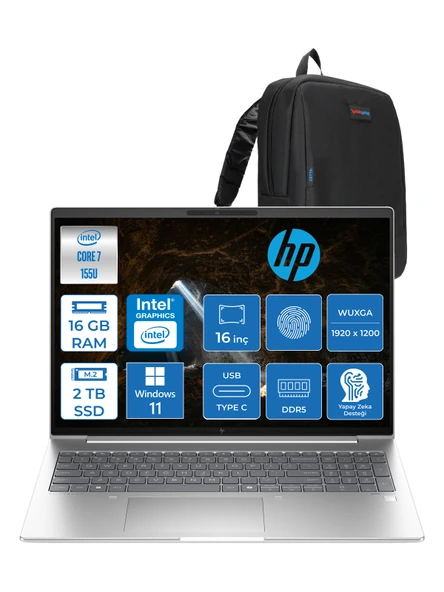 Hp Elitebook 660 G11 Intel Core Ultra 7 155U 16GB Ddr5 2tb SSD 16" Wuxga 300NITS IPS Windows 11 Home Taşınabilir Bilgisayar 9C004EAH03 + Zetta Çanta ürün görseli 1