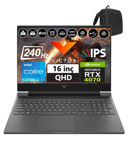 Hp Victus 16-R1012NT Intel I7-14700HX 32GB Ddr5 1tb SSD 8GB/RTX4070 WINDOWS11HOME 16.1" 240Hz Qhd 3ms 300NİTS Taşınabilir Bilgisayar 99J1K2EA26+WEBLEGELSINÇANTA ürün görseli 1