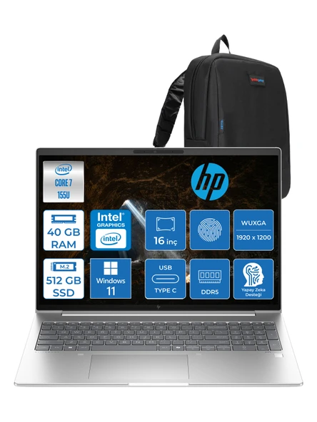 Hp Elitebook 660 G11 Intel Core Ultra 7 155U 40GB Ddr5 512GB SSD 16" Wuxga 300NITS IPS Windows 11 Pro Taşınabilir Bilgisayar 9C004EAP13 + Zetta Çanta ürün görseli 1