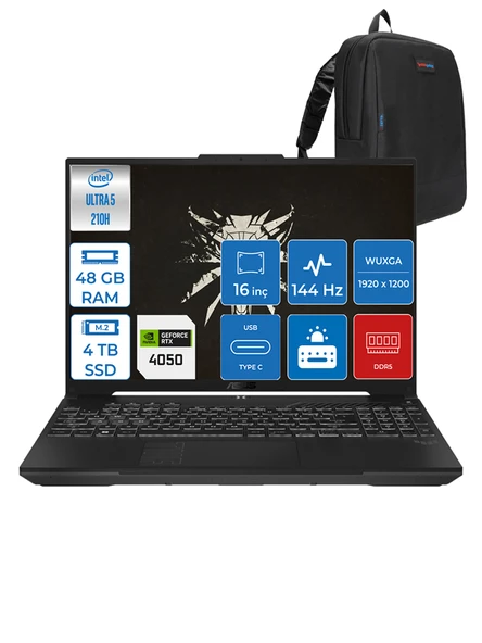 Asus Tuf Gaming F16 FX607VU Intel Core Ultra 5 210H 48GB Ddr5 4tb SSD 6GB/RTX4050/140W Freedos 16" Fhd+ 144Hz IPS Taşınabilir Bilgisayar FXRL141F16 + Zettaçanta ürün görseli 1
