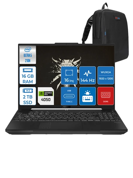 Asus Tuf Gaming F16 FX607VU Intel Core Ultra 5 210H 16GB Ddr5 2tb SSD 6GB/RTX4050/140W WIN11PRO 16" Fhd+ 144Hz IPS Taşınabilir Bilgisayar FXRL141P03 + Zettaçanta ürün görseli 1