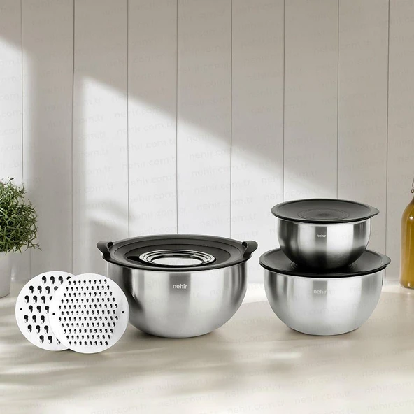 Nehir Silver Çelik Saten 9 Parça Rendeli Saklama Kabı Seti ürün görseli 1