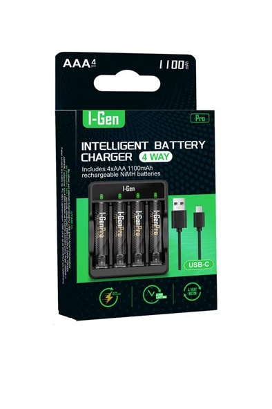 I-Gen G411 4'lü Pil Şarj Aleti + 4 Adet AAA Pro 1100 mAh Şarjlı İnce Kalem Pilli Set ürün görseli 1