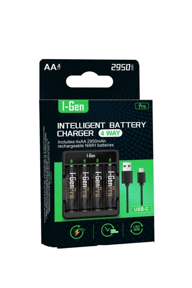 I-Gen G429 4'lü Pil Şarj Aleti + 4 Adet AA Pro 2950 mAh Şarjlı Kalem Pilli Set ürün görseli 1