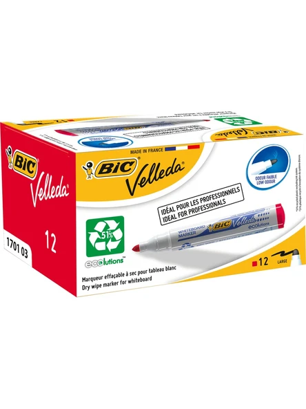 Bic 1701 Velleda Eco Yuvarlak Uçlu Beyaz Tahta Kalemi Kırmızı 12'li Kutu ürün görseli 1