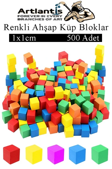 Renkli Ahşap Küp Bloklar 1x1x1cm 500 Adet Ahşap Renkli Kare Blok Eğitici Geliştirici Oyuncak Küp Matematik Birim Küpleri ürün görseli 1