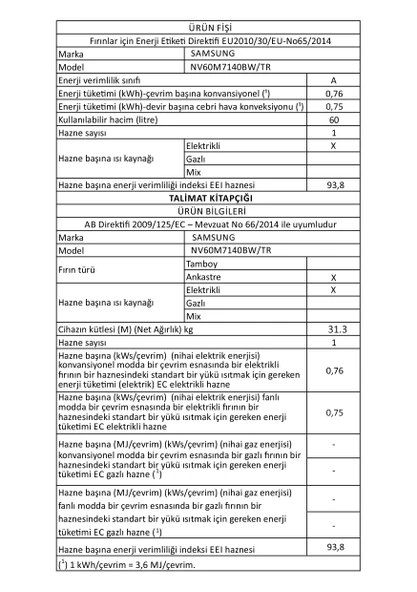 Samsung NV60M7140BW/TR 60 Lt. Beyaz Ankastre Fırın ürün görseli 1