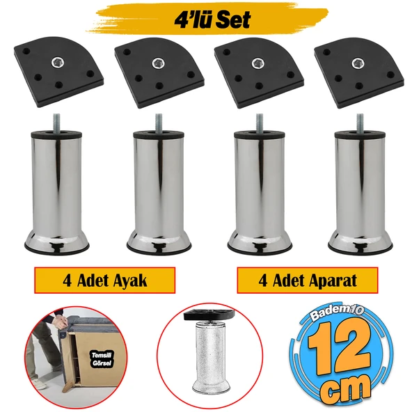 Kanepe Baza Koltuk Destek Yükseltme Yükseltici 4 Adet Ayağı M8 Civatalı Krom Metal Ayakları 12 Cm ürün görseli 1