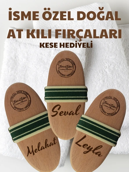 Beautysev İsme Özel  Baskılı %100 Doğal At kılı selülit fırçası (Bez çanta hediyeli) ürün görseli 1