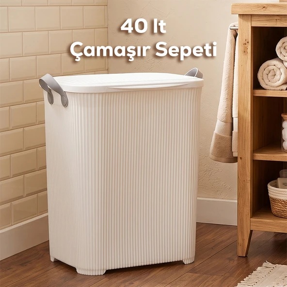 Porsima 0750-1 Stil Kapaklı Kirli Çamaşır Sepeti - Dikdörtgen Kirli Çamaşır Sepeti Beyaz 40Lt ürün görseli 1