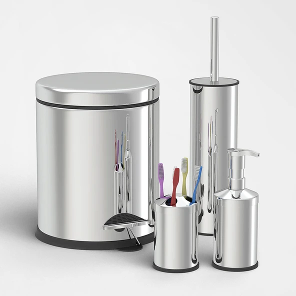 SAS Krom 4 Lü Set Çöp Kovası Wc Klozet Fırça Sabunluk Diş Fırçalık Seti 3lt. ürün görseli 1