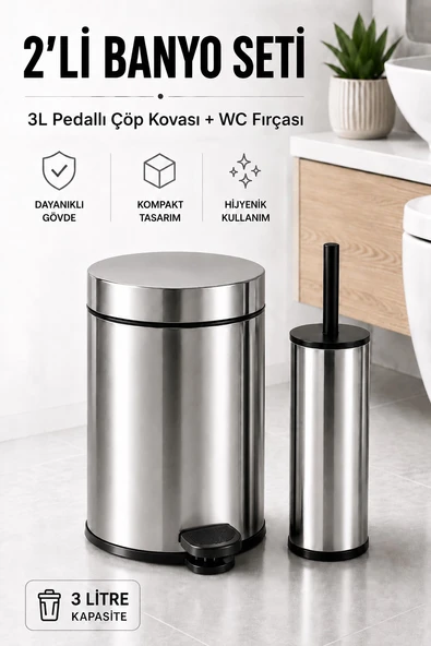 SAS 3 LT Krom Pedallı Çöp Kovası Tuvalet Fırçası Banyo Seti ürün görseli 1