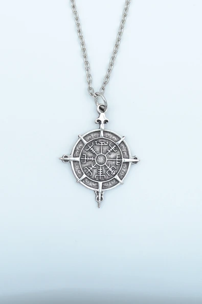 Viking Vegvisir Pusula  Gümüş Kaplama Düz Zincir Kolye ürün görseli 1