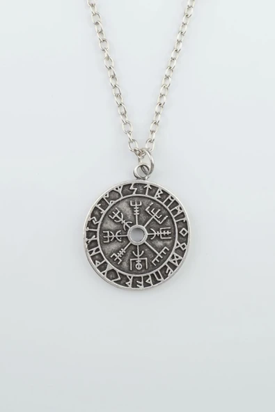 Vegvisir Pusula - Viking Sembol Gümüş Kaplama Düz Zincir Kolye ürün görseli 1