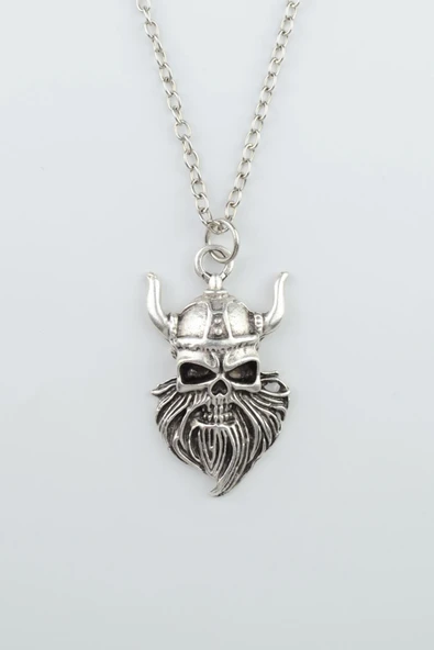 Viking Sakallı Kuru Kafa Gümüş Kaplama Düz Zincir Kolye ürün görseli 1