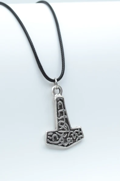 Thor Mjollnir Hammer Gümüş Kaplama Deri İp Kolye ürün görseli 1
