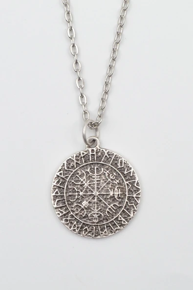 Vegvisir Viking Pusulası Gümüş Kaplama Düz Zincir Kolye ürün görseli 1