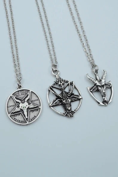 3'lü Lucifer Morning Star Pentagram Pagan Keçi Şeytan Gümüş Kaplama Kolye Seti ürün görseli 1