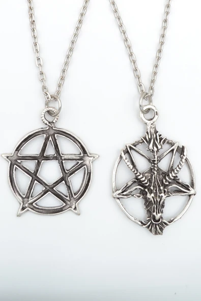 2'li Ters Pentagram Keçi Kafası - Wicca Gümüş Kaplama Kolye Seti ürün görseli 1