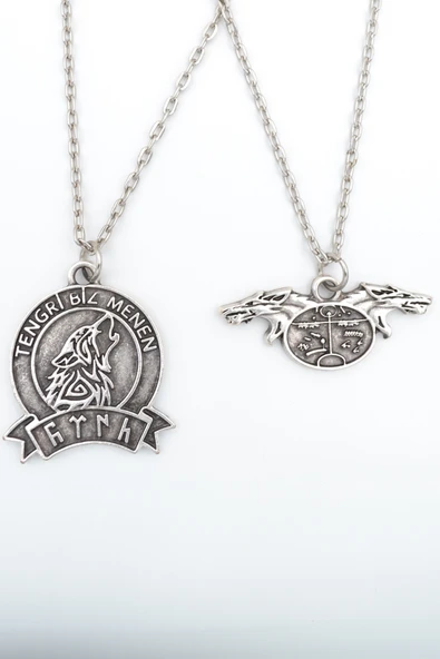 2'li Kam Şaman Davulu - Tengri Biz Menen Bozkurt Gümüş Kaplama Kolye Seti ürün görseli 1