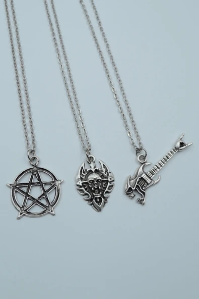 3'lü Pentagram Kuru Kafa Gitar Diablo Kalkan Gümüş Kaplama Kolye Seti ürün görseli 1