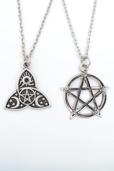 2'li Pentagram - Triquetra Güneş Ay Yıldız Gümüş Kaplama Kolye Seti ürün görseli 1