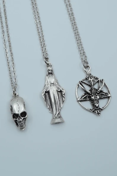 3'lü Kuru Kafa Meryem Ana Ters Keçi Baphomet Gümüş Kaplama Kolye Seti ürün görseli 1
