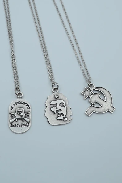 3'lü Devrim Che Guevara Orak Çekiç Gümüş Kaplama Kolye Seti ürün görseli 1