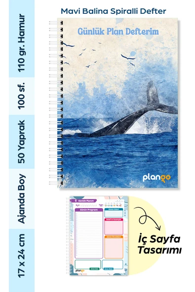 Mavi Balina Spiralli Günlük Planlama Defteri - 100 Sayfa - 17x24 Planlayıcı Defter ürün görseli 1